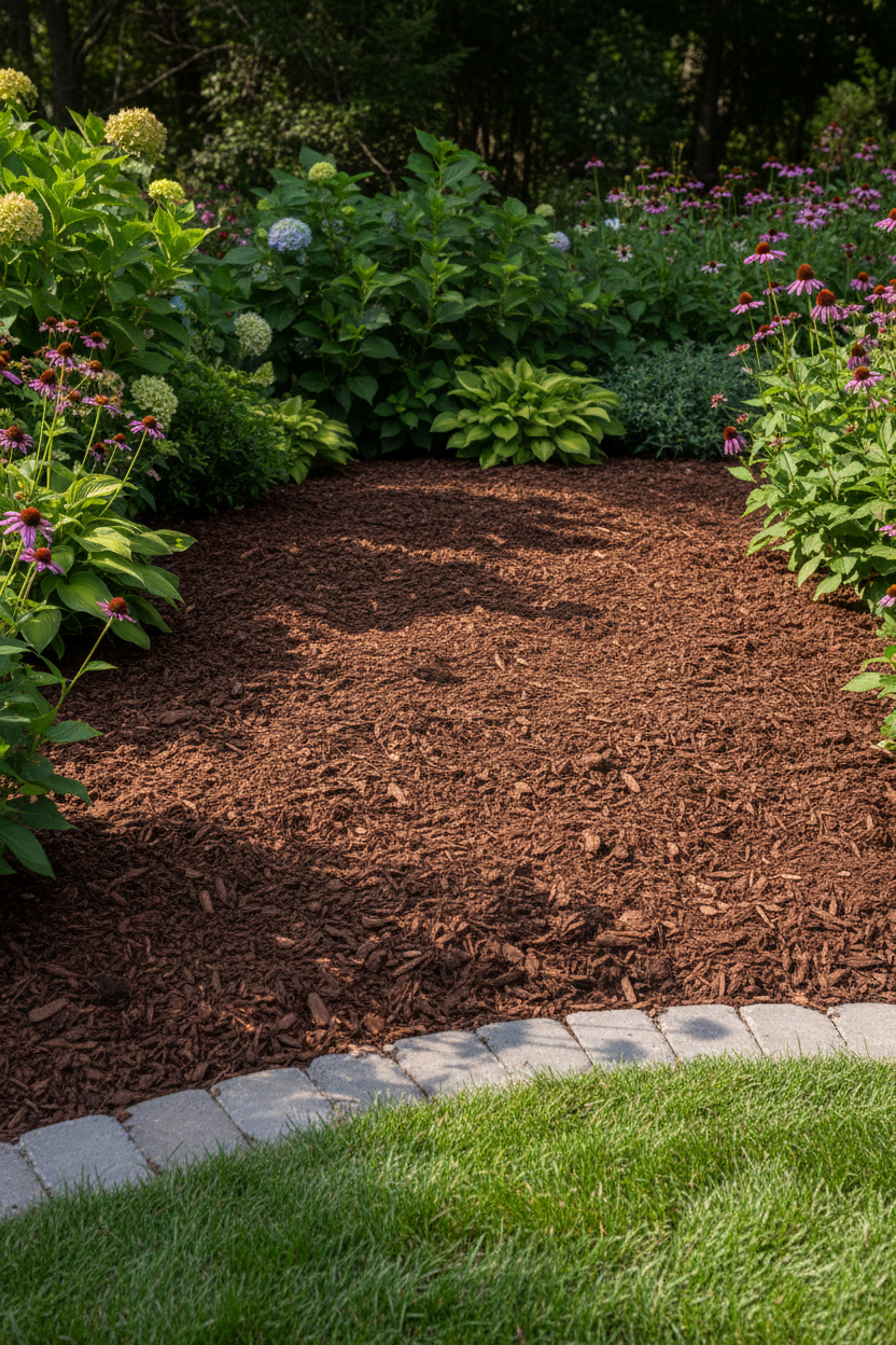 Ein mit Rindenmulch bedecktes Gartenbeet ist von einer Steinumrandung und blühenden Stauden umgeben.